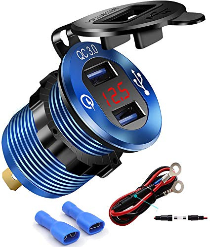 iMESTOU Carica Rapida 3.0 USB Charger Socket 12V Dual USB Car Socket Impermeabile Marine Accendisigari Adattatore 36W Ricarica Rapida con LED Voltmetro per 12V/24V Barca Moto ATV Bus Truck (blu)