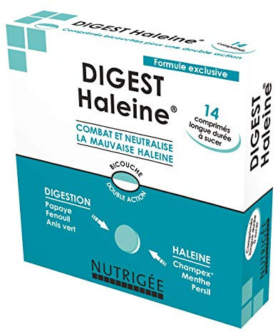 NUTRIGÉE Digest Haleine | Mauvaise Haleine & Digestion | Neutralise Odeurs Buccales & Gaz Intestinaux | Papaye, Fenouil, Menthe, Anis, Persil, Champex® | 14 Comprimés | Fabriqué en France