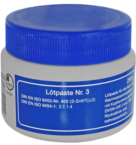 Lötpaste Nr. 3 für Kalt- und Warmwasser-Installation mit Kupferrohren, DVGW, 250g Dose, Made in Germany, DIN EN ISO 9453-Nr. 402 (S-Sn97Cu3), Lötfitting Zubehör Flussmittel Lötfett zum Löten