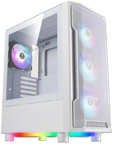 GAMDIAS Athena M6 LITE weißes Gaming-PC-Gehäuse, Mid-Tower-ATX-Gehäuse, nahtloses gehärtetes Glasfenster, 4 integrierte 120 mm ARGB-Lüfter, dreiseitiges Unterleuchtung, Netz-Frontplatte