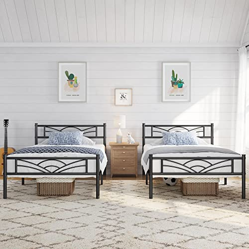 Yaheetech Set di 2 Struttura Letto Singolo in Ferro con Spazio Aggiuntivo Testiera a Forma di Nuvole Camera da Letto Ospiti Soggiorno Nero 90 x 200 cm