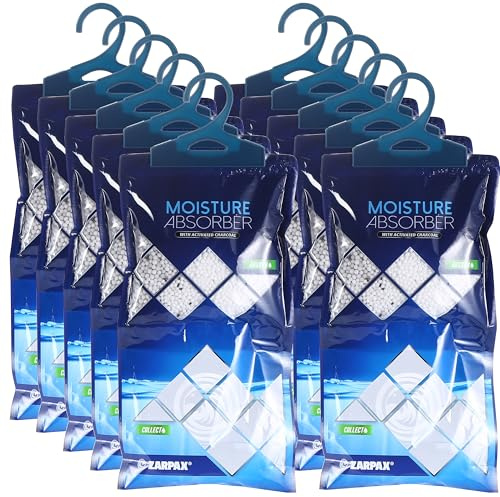 ZARPAX Hanging Moisture Absorber Activated Charcoal 10.6 oz/300g | Moisture Absorbing Bags for Bathroom, Closet & Kitchen | Removes Moisture, Humidity & Odors | Portable Dehumidifier | Set Of 10