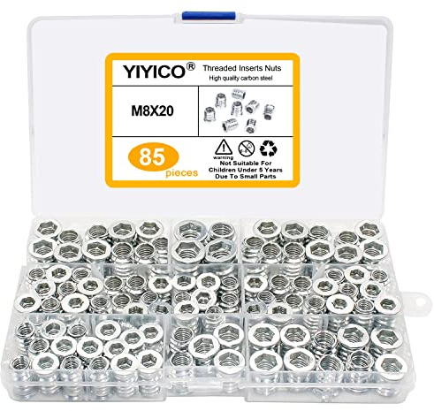 Boccole Filettate per Legno Inserti Filettati M8 85pcs Inserto Filettato Legno Assortimento Dadi Esagonali in Lega di Zinco per Mobili in Legno (M8*20 85pcs)