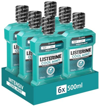 LISTERINE Cool mint 6 x 500 ml, antibakteriell munsköljning med eteriska oljor och mintsmak, munvatten bekämpar effektivt bakterier i munnen, optimalt komplement till daglig tandvård