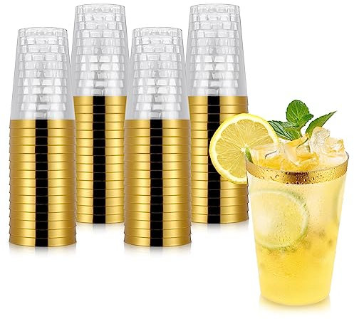Hejo 60 Stück Plastikbecher, 360ml Kunststoff Becher, Wiederverwendbarer Partybecher, Trinkbecher, Weingläser mit goldem Rand für Cocktail, Champagner, Bier, Getränk, Dessert (Gold)