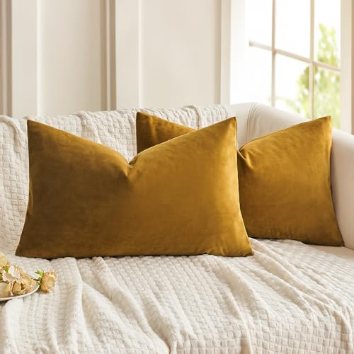 MIULEE Funda Cojines de Terciopelo para Sofa Suave Fundas de Almohada de Cama Silla Color Solido Cremallera Oculta Decoración para Sala de Estar Dormitorio Habitacion 2 Piezas 30x50cm Amarillo Mostaza