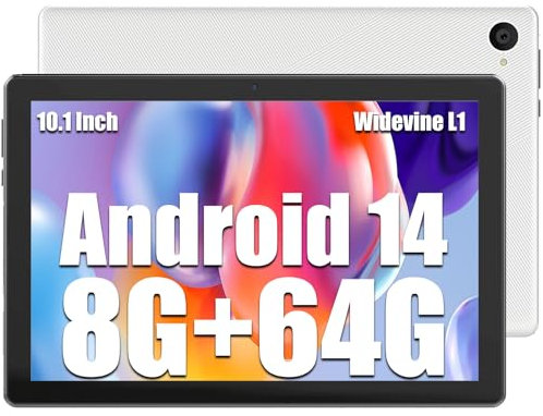 kotsren Tablet Android 14 Tablet 10.1 Zoll 8GB RAM + 64GB ROM TF 1TB, 1280 x 800 FHD IPS, 5000mAh, 5MP + 8MP, FHD, GPS, 2.4G+5G WiFi, Weiß