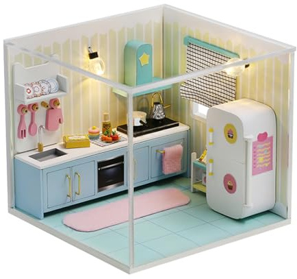 OSDUE Book Nook Kit - Mini Cocina, Casa De Muñecas En Miniatura Invernadero con Luz DIY Miniature House Modelbouw Puzzle 3D Creativa Kit Hecha Mano Decoración del hogar Regalos navideños