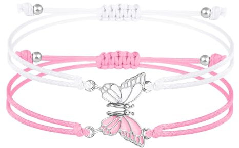 HSLPSM 2 Stück Passende SchmetterlingsarmbäNder, Verstellbarer Strang Best Friends-Armband, Armband MäDchen Freundschaft, Handgefertigter Charm-FreundschaftsarmbäNder Schmuck Geschenke, Weiß+Rosa