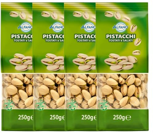 Alfano dal 1940 Pistacchi Salati Tostati 250g Frutta Secca Ricca di Fibre e Magnesio, Fonte di Potassio Ideale come Snack Aperitivo (4 Pezzi)