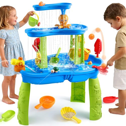 FRUSE Mesa de Agua para Niños,Mesa de Arena y Agua con 3 Niveles,Juegos de Agua para Niños Exterior,Mesa Sensorial Juguetes de Verano al Aire Libre para Niños y Niñas de 3 4 5 6 7 8 años