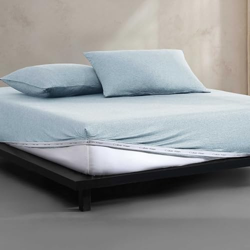 Calvin Klein - Lenzuola per letto matrimoniale XL, set di biancheria da letto in jersey di cotone mélange con tasche profonde, super morbide e accoglienti (cotone moderno, color acqua, matrimoniale