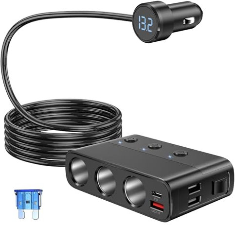 Gerbala 7 IN1 Zigarettenanzünder Verteiler, 127W USB C Steckdose PD und QC 3.0 KFZ Ladegerät, mit Schalter LED Volteter für Kühlbox, Sitzheizung, GPS, Kamera, Navi, für 12V-24V Fahrzeuge Wohnmobil