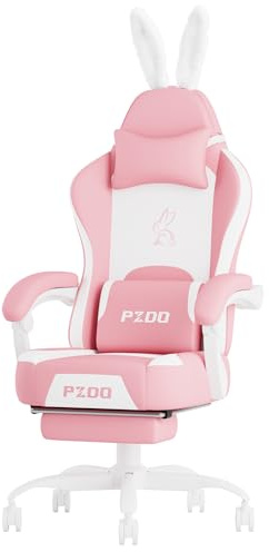 PZDO Pink Gaming Chair,High Back Computer Chair with Footrest, Kawaii Gaming Chairs for Girls Adults Women Kids, Reclining Chairs with Bunny Ear & Lumbar Support, Gift(Pink-White)