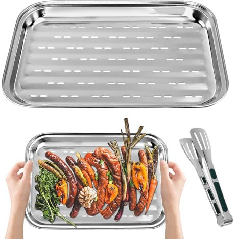 Huucozn 2 PCS Bandeja Barbacoa de Acero Inoxidable con Orificios, Bandeja para Parrilla Barbacoa con Pinza, Bandejas de Horno Parrillas para Asar Verduras, Carne y Pescado