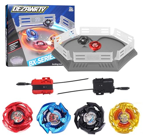 DEZAWRTY Set de Arena Gyro X Stadium con X Acceleration Rail – 4 peonzas de Combate, 2 lanzadores y Estadio, Arena de Batalla para niños a Partir de 6 años, Juguete de Combate para niños, Color Gris