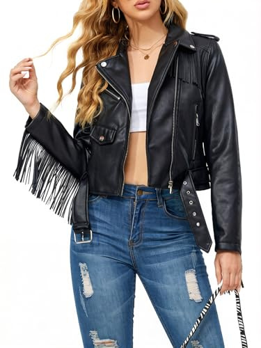 XULIKU Women Short Faux Leather Moto Jacket,Tassel Trim Lapel Zipper Up Pleather Coat Belted, Black, Medium
