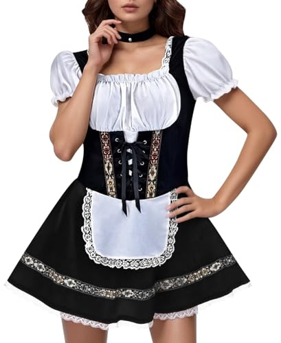 Donna Abito Dirndl Oktoberfest Costume Tirolese Dirndl Tradizionale Mini Gonna a Maniche Corte per Oktoberfest Tedesca Abito Tirolese Gonna Set Oktober Fest di Ottobre (2-Black, L)