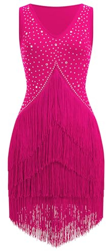 EFOGEP - Abito da donna per salsa latina, stile vintage anni '20, senza maniche, con strass, a strati, con frange, ideale per cocktail, ballo da sala, tango, cha-cha, rumba, flapper, camicia, Rosa