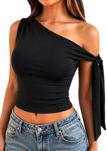HAWILAND Women Tie Shoulder Vest Top Ladies One Off The Shoulder Asymmetrical Neck Crop Tank Top Black Small