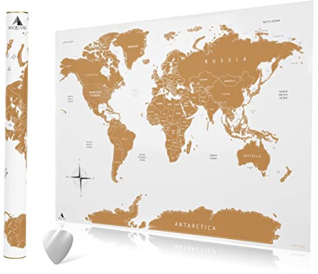 Hochwertige Rubbel Weltkarte 84x58cm - XXL Poster zum Freirubbeln, mit Rubbelchip - Rubbelkarte Welt gold, weiß - Scratch Off Map (Englisch)