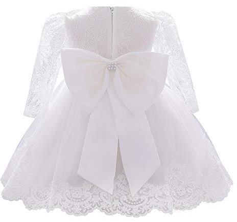 FYMNSI Baby Mädchen Kleid Kinder Blumenmädchen Hochzeit Brautjungfer Geburtstag Partykleider Langarm Taufkleid Spitzenkleid Bowknot Tütü Prinzessin Festkleid Weihnachtskleid Weiß 12-18 Monate