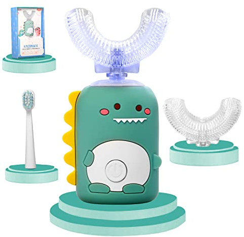 KAQINWX Kids U Shaped Electric Toothbrush for Age 2-12, Rechargeable Toddler Toothbrush with 60S Smart Timer, Dinosaur Design, IPX7 Waterproof & 360°Cleaning,Develop Kids' Brushing Habits