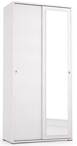 CAESAROO Armadio 90xH195 cm Bianco frassinato con due ante scorrevoli e specchio - Bianco