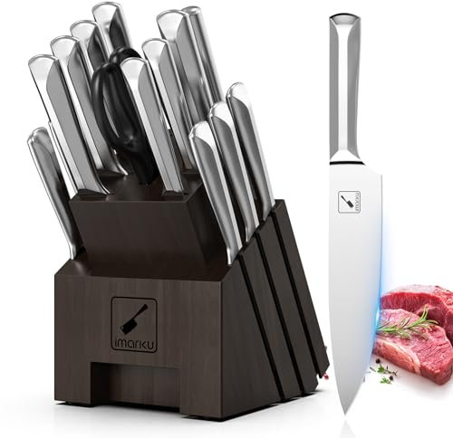 imarku Küchenmesser Set, 16-Tlgs Messerset Profi mit Messerblock, Hergestellt aus Japanischem Rostfreiem Stahl mit Hohem Kohlenstoffgehalt, Knife Set, Mit Wetzstab, Dunkelgrau—Valentinstag Geschenk
