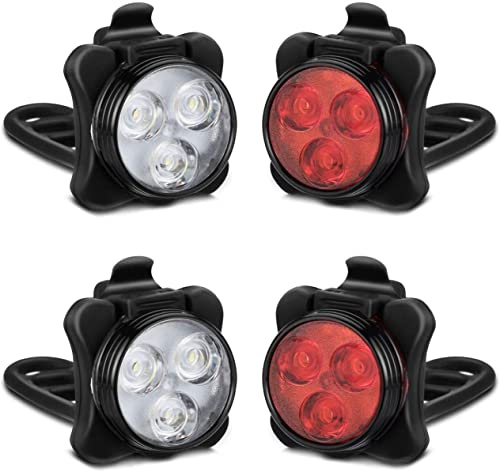 2X Rechargeable Bike Light Sets (Total of 4 Lights: Two Red and Two White), Super Bright Front Headlights and Rear LED Bicycle Lights, 650mah Lithium Batteries,4 Light Mode Options