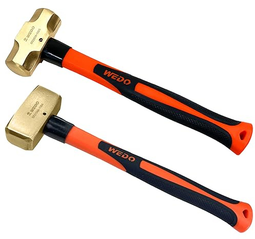 WEDO 2PCS Brass Hammer Set,4lb Sledge Hammer+4lb Club Hammer,Brass Crack Hammer Set With Fiberglass Handle,Non-Magnetic,Die-Forge,Corrosion Resistant, DIN Standard