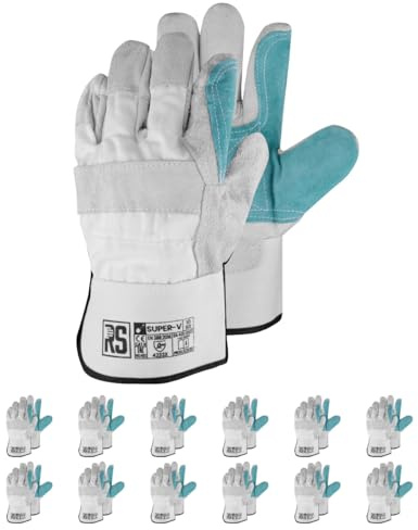 RS Super V Premium - Guantes de montaje de piel, tipo DOCKER, talla 10, 12 pares, color gris y azul, guantes de trabajo reforzados con piel de vacuno dividida
