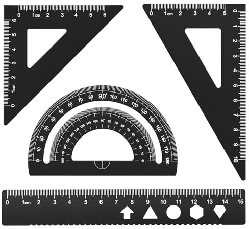 MSDADA 4 Stück Aluminiumlegierung Lineal Set Winkelmesser Dreieck Mathematik Geometrie Set Werkzeug Skala Lineal Set für Schüler Lehrer Ingenieure und Zeichner(Schwarz)