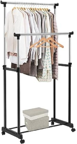 LONENESSL Kleiderständer Kleiderstange Garderobenständer auf Rollen，kleiderstange ausziehbar 80-150cm, kleiderständer stabil,Kleiderständer mit höhenverstellbaren Kleiderstangen,bis 20 kg belastbar