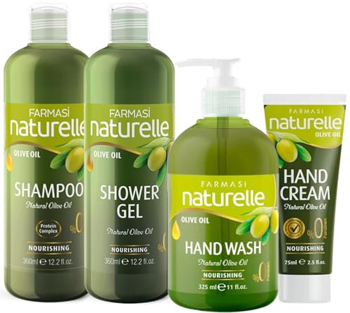 Kits de Cuidado Personal con Aceite de Oliva Farmasi: Champú 360 ml, Gel de Ducha 360 ml, Jabón Líquido 325 ml, Crema de Manos 75 ml