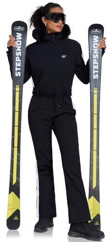 HOTIAN Damen Skianzug Einteiler Skioverall Winter Warme Damen Schneeanzug Wasserdicht Winddicht skibekleidung Schneeoverall Jumpsuit Mit Kapuze Black M