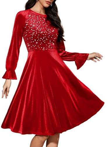 Bbonlinedress Sammet paljett cocktail långärmad klänning för kvinnor sammet vintage bröllop gäst midi-klänning, Röd, XXL
