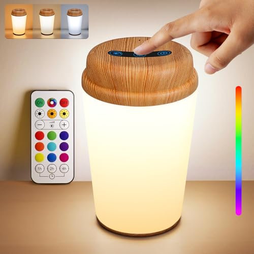 REYLAX Lampada da Comodino LED Touch Dimmerabile, 12 Colori Luce Notturna con Telecomando, Lampada da Tavolo Senza Fili, Timer, Abat Jour da Comodino per Cameretta, Camera da Letto, Soggiorno