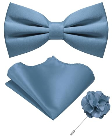 JEMYGINS Papillon pre-legato in tinta unita e quadrato da tasca con spilla da bavero Set papillon regolabile per uomo, Blu polvere., Taglia unica