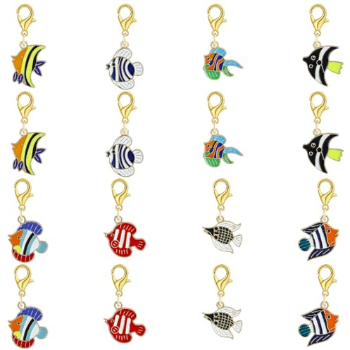 BEEFLYING 16Pcs Fish Stitch Marker Charms for Crocheting and Knitting, 8 Styles Alloy Enemal Crochet Knit Stitch Marker Pendant with Removable Clasp for Knitting Crocheting Accessories