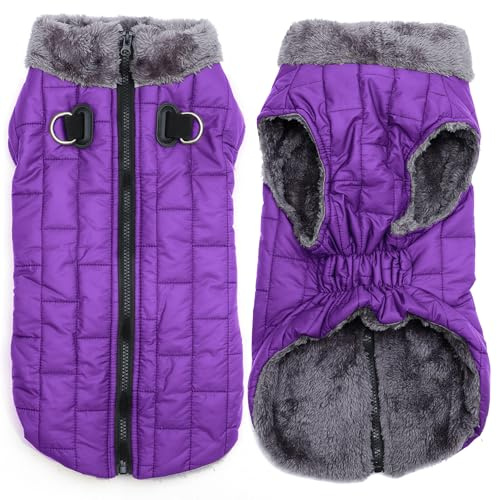 JoyDaog Warmer Fleece-Hundemantel mit strapazierfähigem Geschirr und D-Ring, wasserdichte Welpenjacke für kleine Hunde, Hundeweste für den kalten Winter, Lila, Größe M