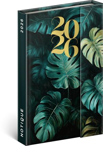 NOTIQUE Agenda 2026 - Mini agenda tascabile, formato A6, con chiusura magnetica, calendario settimanale compatto, 11 x 16 cm, copertina rigida con panoramica mensile (Monstera)