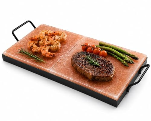 Himalaya Juego de placas de sal con soporte, 2 piedras de sal para barbacoa y servir, plato de sal natural para carne, pescado, camarones y barbacoa. Placa de parrilla de bloque de sal premium