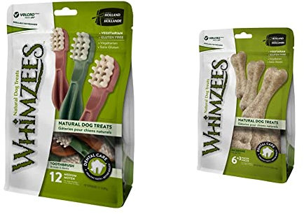 WHIMZEES Natürliche Getreidefreie Zahnpflegesnacks, Kaustangen für Hunde, Reisknochen L, 9 Stück & Natürliche Getreidefreie Zahnpflegesnacks, Kaustangen für Hunde, Zahnbürste M, 12 Stück à 30 g