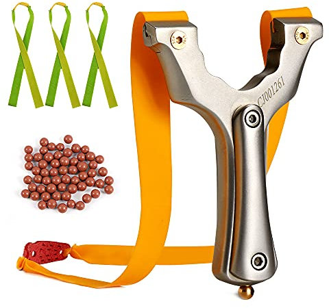 Huntingdoor Schleuder Zwille Steinschleuder Jagd Slingshot Edelstahl Profi Schleuder Metall Katapult mit 2 Schleuder Gummibändern (Schleuder Set)