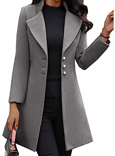 BAIXIAOCHI Winter Mid-Length Wool Lapels Look Thin, Solid Color Slim Women'S Woolen Coat Jacket, Grey, L
