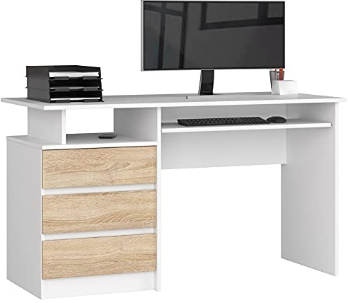 AKORD | Scrivania CLP-135 Con Ripiano per Tastiera e 3 Cassetti a Sinistra | Scrittoio per Ufficio | Per Computer PC Laptop | Salvaspazio | 135 x 77 x 60 cm, 45kg | Bianco/Rovere Sonoma