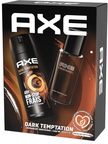 Dark Tentation presentförpackning för män med 2 produkter, en 200 ml bodyspray deodorant och en 100 ml eau de toilette med en maskulin doft och utsökt fräsch mörk choklad