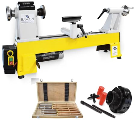 BAMATO Profi Drechselmaschine WL-460V | 550W Motor | Stufenlose Drehzahl 650-3800 U/min | Digitale Anzeige | Inkl. 4-Backenfutter & 6-tlg. HSS Drechselsatz | Gussausführung Drechselbank für Holz