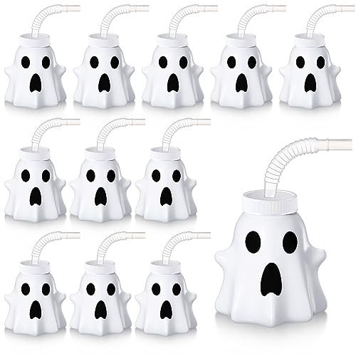 Umigy 12 Pcs Halloween Cup for Kids 10 oz Reusable Plastic Cups Bulk with Lid and Straw for Gift Halloween Themed Party Favor Supplies(Ghost)